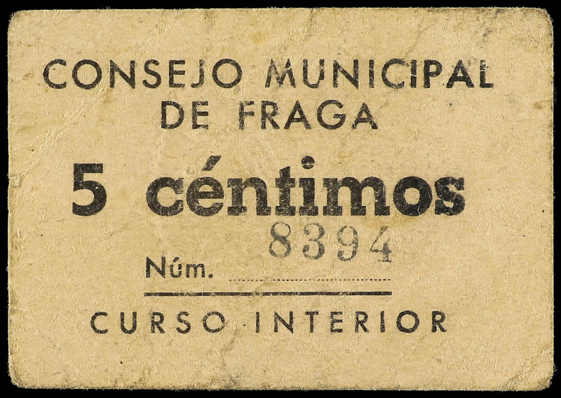 Aragon
5 Céntimos. C.M. de FRAGA (Huesca). (Algo sucio). MUY ESCASO. RGH-2520. ...