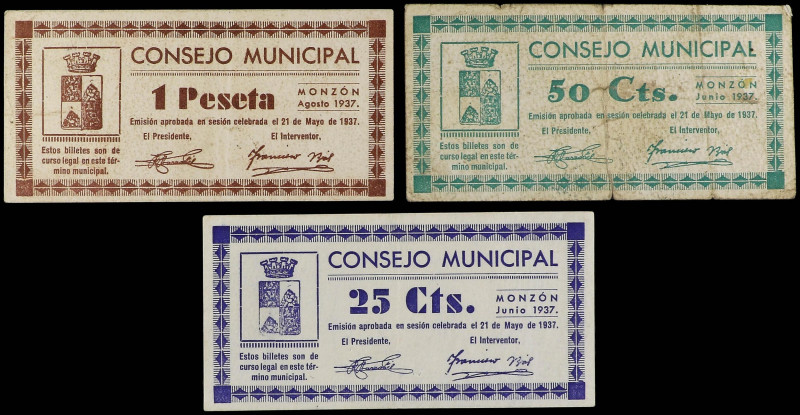 Aragon
Lote 3 billetes 25, 50 Céntimos y 1 Peseta. Agosto 1937. C.M. de MONZÓN ...