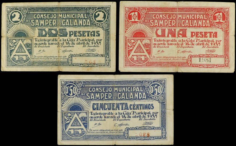 Aragon
Lote 3 billetes 50 Céntimos 1 y 2 Pesetas. 24 Abril 1937. C.M. de SAMPER...