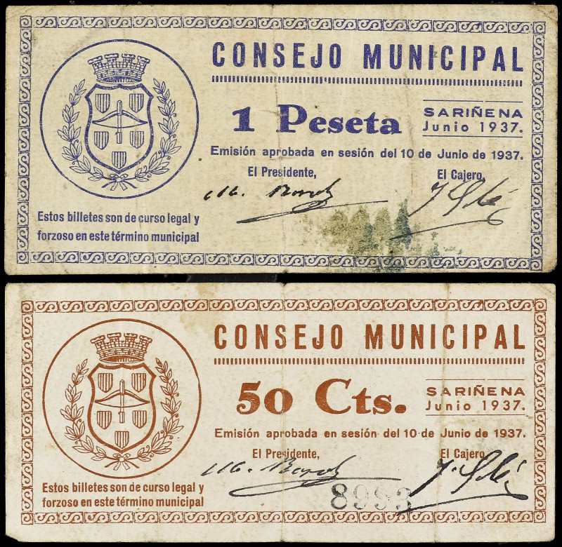 Aragon
Lote 2 billetes 50 Céntimos y 1 Peseta. Junio 1937. C.M. de SARIÑENA (Hu...