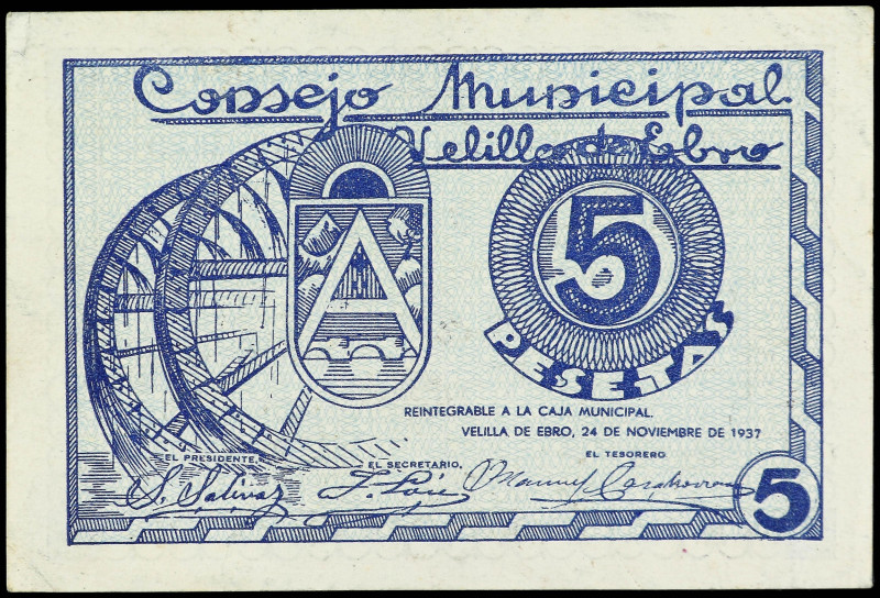 Aragon
5 Pesetas. 24 Noviembre 1937. C.M. de VELILLA DE EBRO (Zaragoza). RARO. ...