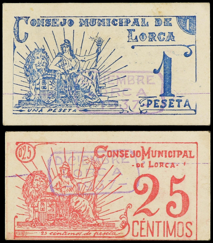 Murcia
Lote 2 billetes 25 céntimos y 1 Peseta. Septiembre 1937. C.M. de LORCA (...