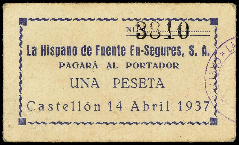 Valencia
1 Peseta. 14 Abril 1937. LA HISPANO DE FUENTE EN SEGUROS S.A. CASTELLÓ...