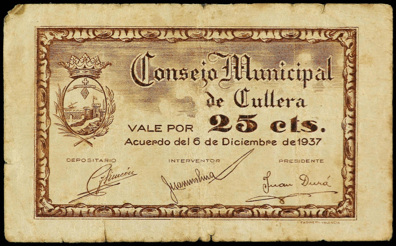 Valencia
25 Céntimos. 6 Diciembre 1937. C.M. de CULLERA (Valencia). (Pequeñas r...