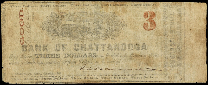 World Banknotes
3 Dollars. 1862. ESTADOS UNIDOS. BANK OF CHATTANOOGA. TENNESSEE...