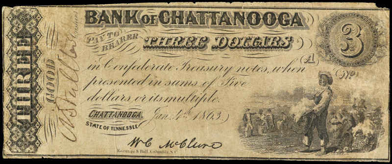 World Banknotes
3 Dollars. 1863. ESTADOS UNIDOS. BANK OF CHATTANOOGA. TENNESSEE...