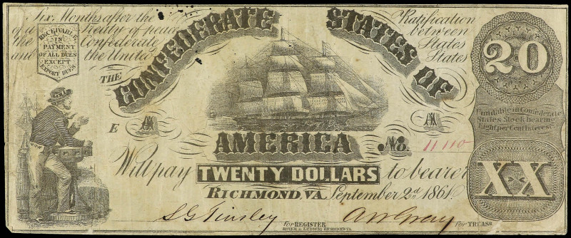 World Banknotes
20 Dollars. 2 Septiembre 1861. ESTADOS UNIDOS. THE CONFEDERATE ...