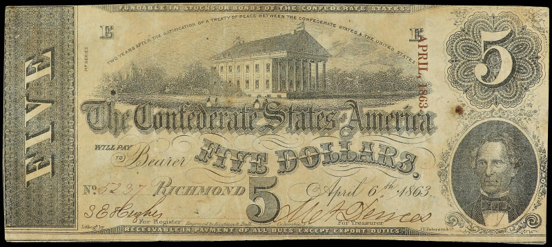 World Banknotes
5 Dollars. 6 Abril 1863. ESTADOS UNIDOS. THE CONFEDERATE STATES...