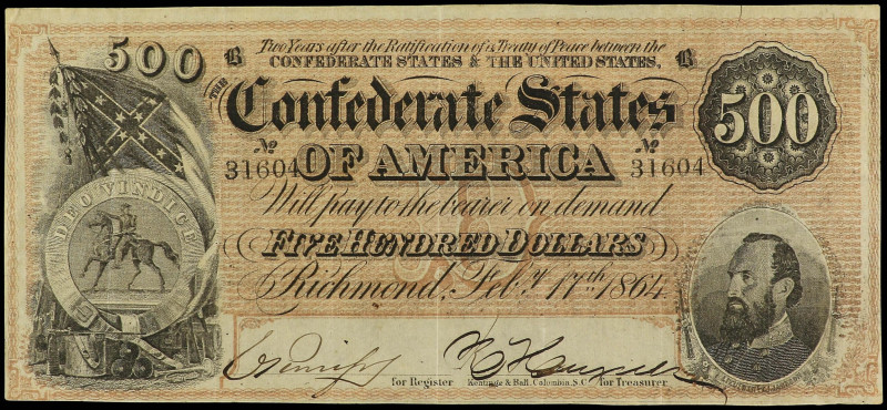 World Banknotes
500 Dollars. 17 Febrero 1864. ESTADOS UNIDOS. THE CONFEDERATE S...