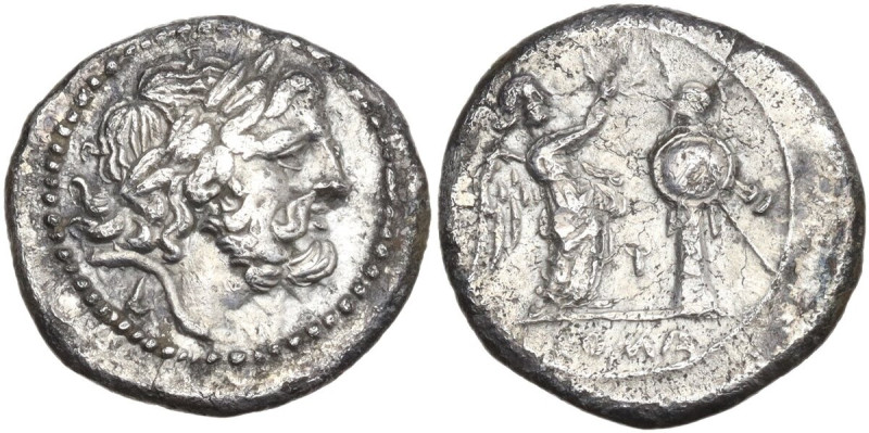 Northern Apulia, Luceria. LT second series. AR Victoriatus, c. 213 BC. D/ Laurea...