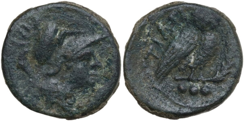 Greek Italy. Northern Apulia, Teate. AE Teruncius, c. 225-200 BC. D/ Head of Ath...