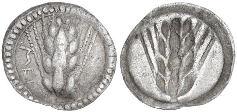 Greek Italy. Southern Lucania, Metapontum. AR Obol, c. 540-510 BC. Obv. Four gra...