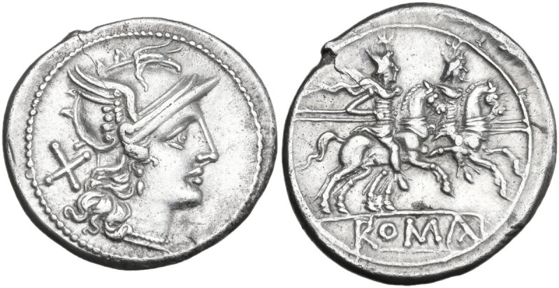 Anonymous. AR Denarius, uncertain Campanian mint (Capua?), 208 BC. Coarse style....