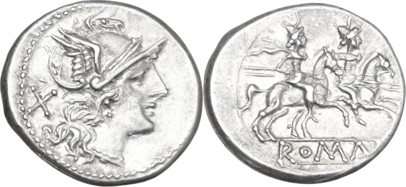 Anonymous. AR Denarius, uncertain Campanian mint, 206-205 BC. Obv. Helmeted head...