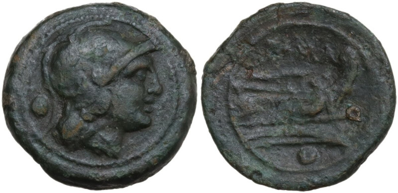 Q series. AE Uncia. South East Italy c. 211-210 BC. Obv. Helmeted head of Roma r...