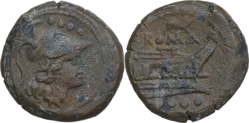 Sow series. AE Triens, c. 206-195 BC. Obv. Helmeted head of Minerva right; above...