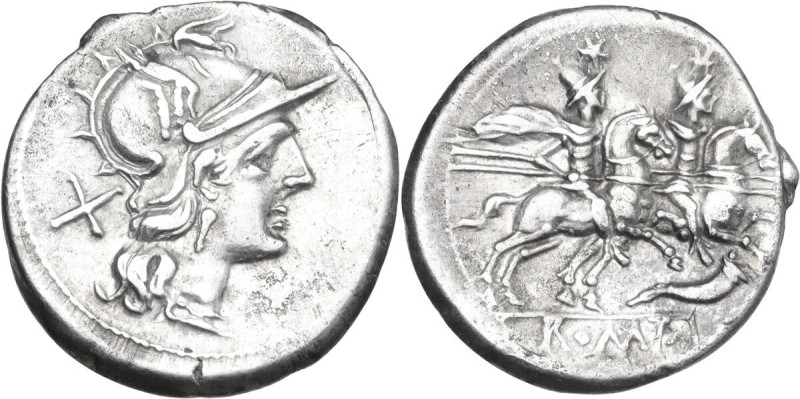 Cornucopiae series. AR Denarius, uncertain Spanish mint, 205 BC. Obv. Helmeted h...