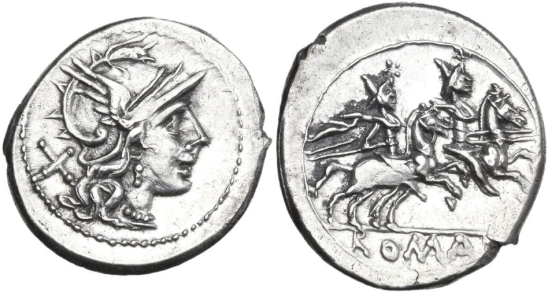 Anonymous. Denarius, Rome mint, 202 BC. Obv. Helmeted head of Rome right; behind...