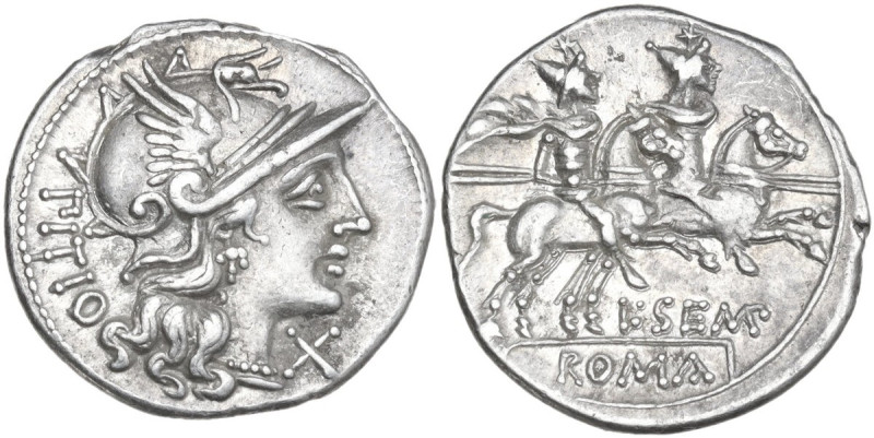 L. Sempronius Pitio. AR Denarius, 148 BC. Obv. Helmeted head of Roma right; behi...