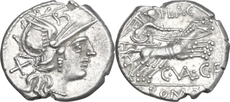 C. Valerius Flaccus. AR Denarius, 140 BC. Obv. Helmeted head of Roma right; behi...