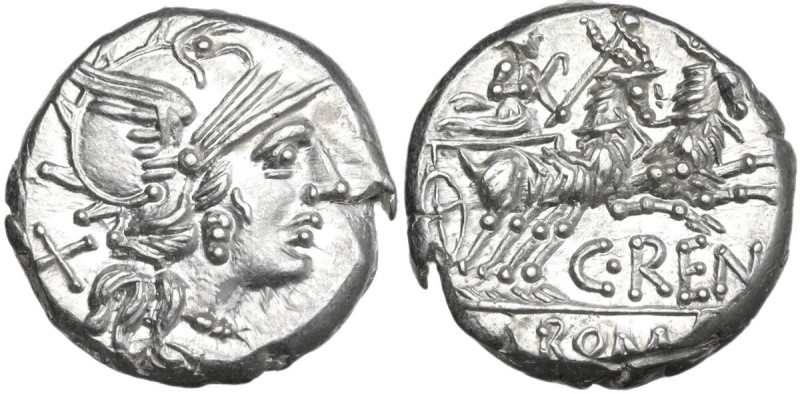 C. Renius. AR Denarius, 138 BC. Obv. Helmeted head of Roma right; behind, X. Rev...