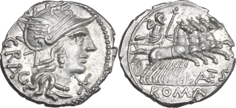 L. Antestius Gragulus. Denarius, 136 BC. Obv. Helmeted head of Roma right; behin...