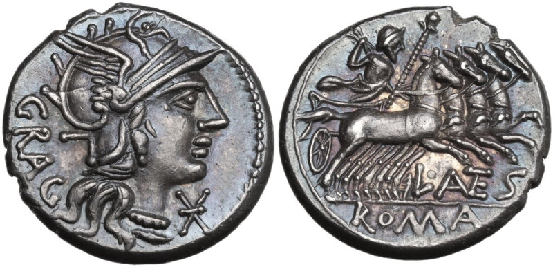 L. Antestius Gragulus. AR Denarius, 136 BC. Obv. Helmeted head of Roma right; be...