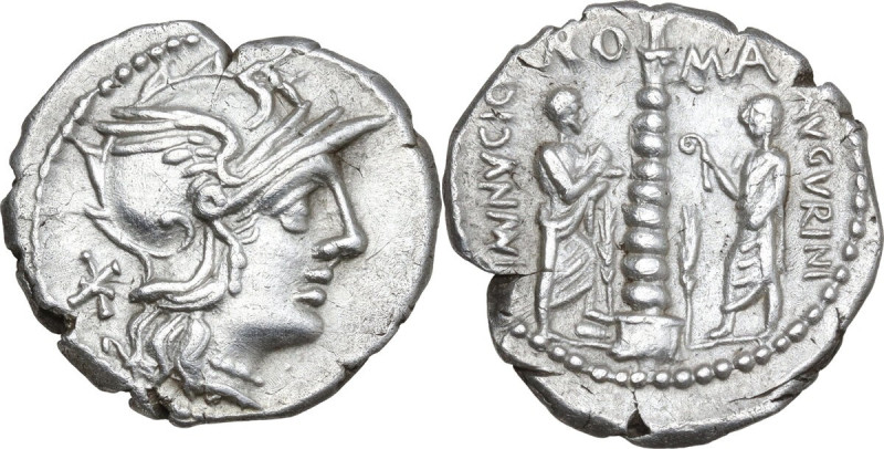 Ti. Minucius Augurinus. AR Denarius, 134 BC. Obv. Helmeted head of Roma right; b...