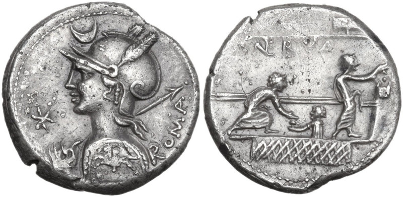 P. Licinius Nerva. AR Denarius, c. 113-112 B.C. Obv. Bust of Roma left, wearing ...