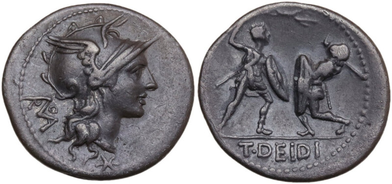 T. Didius. AR Denarius, 113-112 BC. Obv. Helmeted head of Roma right; behind, RO...