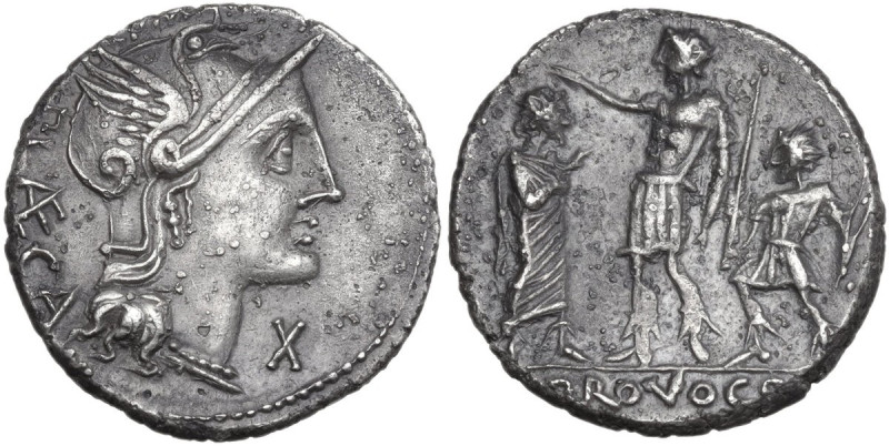 P. Laeca. AR Denarius, c. 110-109 B.C. Obv. Helmeted head of Roma right; above, ...