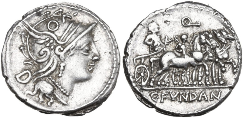 C. Fundanius. AR Denarius, 101 BC. Obv. Helmeted head of Roma right; behind, con...