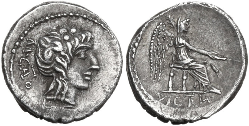 M. Cato. AR Quinarius, 89 BC. Obv. Head of Liber right, wearing ivy-wreath; behi...