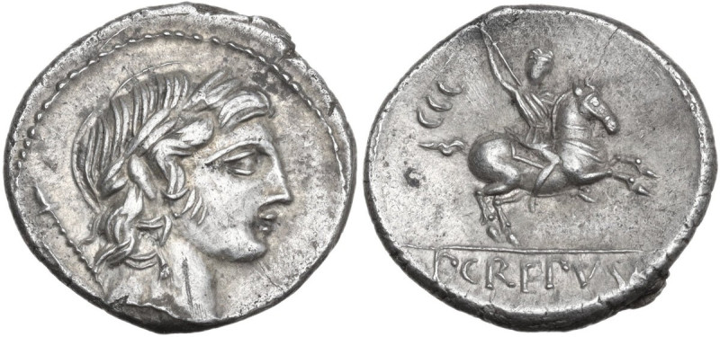 P. Crepusius. AR Denarius, Rome mint, 82 BC. Obv. Laureate head of Apollo right;...