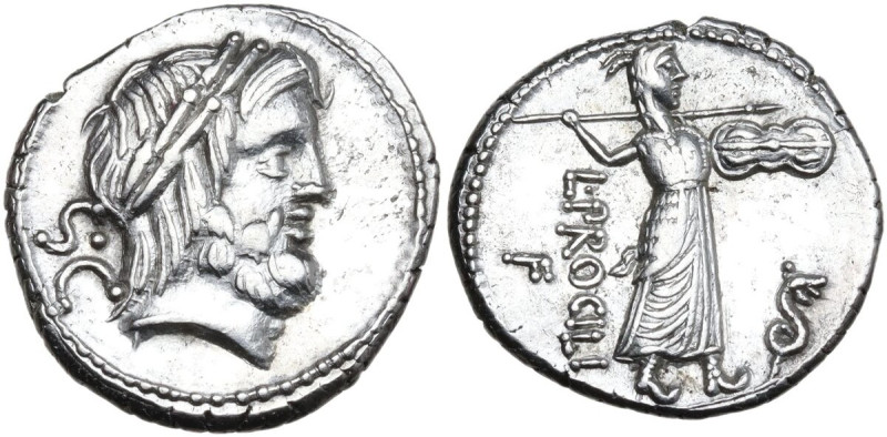 L. Procilius. AR Denarius, 80 BC. Obv. Laureate head of Jupiter right; behind, S...