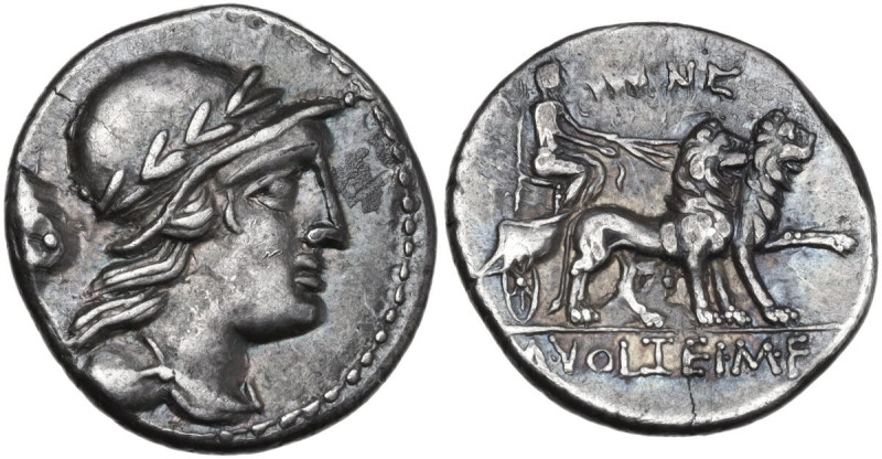 M. Volteius. AR Denarius, Rome mint, 78 BC. Obv. Draped male bust right, wearing...