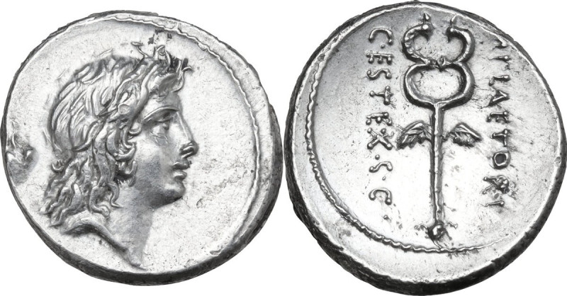 M. Plaetorius M. f. Cestianus. AR Denarius, 69 BC. Obv. Male head right, with fl...