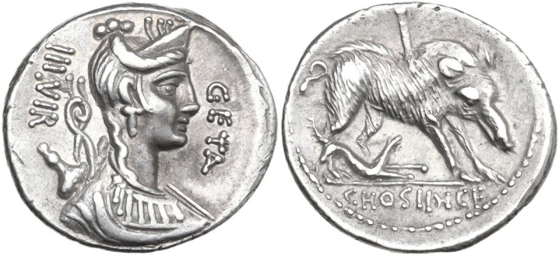 C. Hosidius C. f. Geta. AR Denarius, 68 BC. Obv. GETA-III·VIR. Diademed and drap...