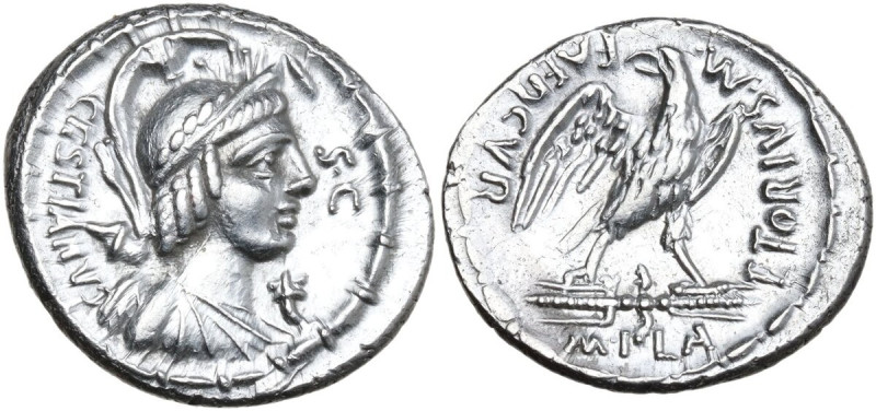 M. Plaetorius M. f. Cestianus. AR Denarius, 67 BC. Obv. Draped bust right with a...