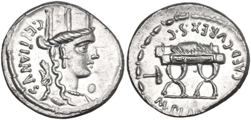 M. Plaetorius M. f. Cestianus. AR Denarius, 67 BC. Obv. Bust of Cybele right; be...