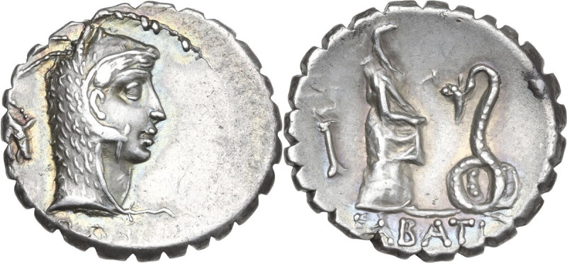 L. Roscius Fabatus. AR Denarius serratus, Rome mint, 64 BC. Obv. Head of Juno So...