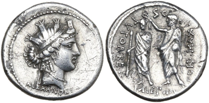 M. Aemilius Lepidus. AR Denarius, 61 BC. Obv. ALEXANDREA. Turreted head of Alexa...