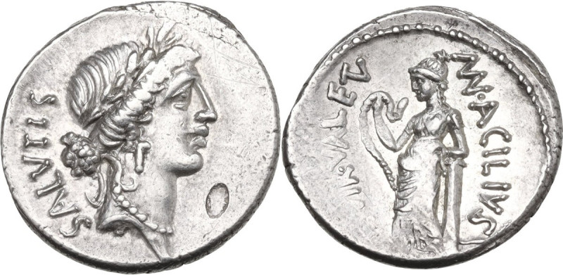 Man. Acilius Glabrio. AR Denarius, 49 BC. Obv. Laureate head of Salus right; beh...