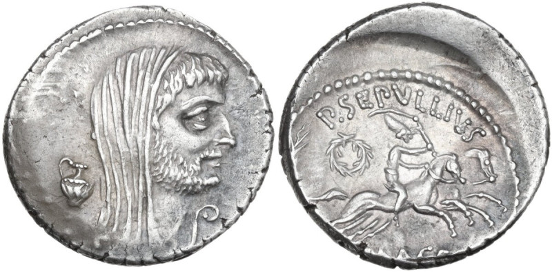 P. Sepullius Macer. AR Denarius. Rome mint, 44 BC (after 15 March, Caesar death)...