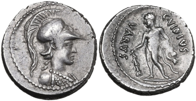 C. Vibius Varus. AR Denarius, 42 BC. Obv. Bust of Minerva right, helmeted, weari...