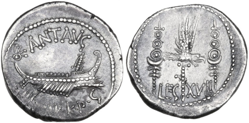 Mark Antony. AR Denarius, 32-31 BC. Obv. ANT. AVG.III. VIR. R.P.C. Praetorian ga...