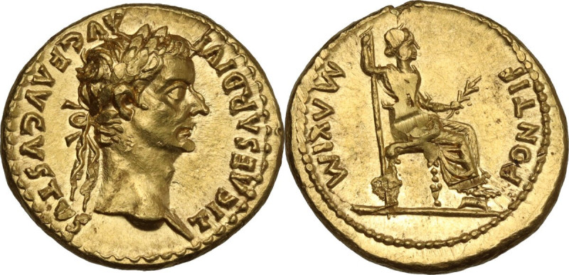 Tiberius. AV Aureus. Lugdunum (Lyon) mint. Group 4, AD 18-35. Obv. TI CΛESΛR DIV...