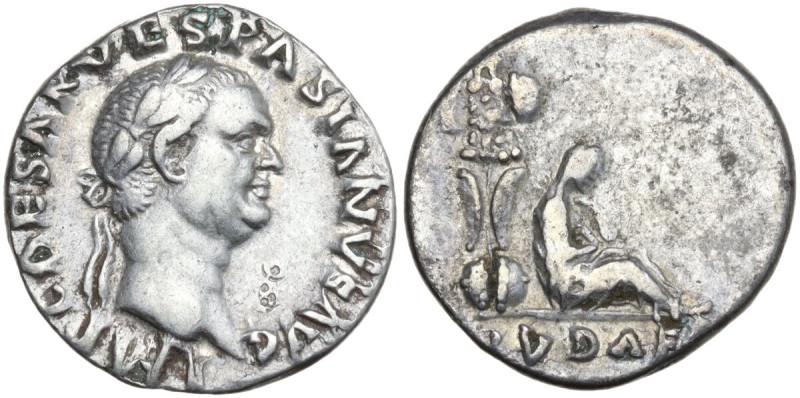 Vespasian (69-79). AR Denarius, 69-70 AD. Obv. IMP CAESAR VESPASIANVS AVG. Laure...