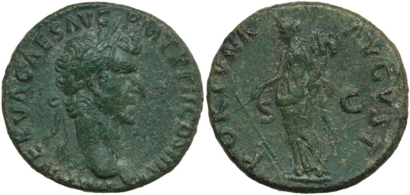 Nerva (96-98). AE As, 97 AD. Obv. IMP NERVA CAES AVG PM TR P II COS III PP. Laur...