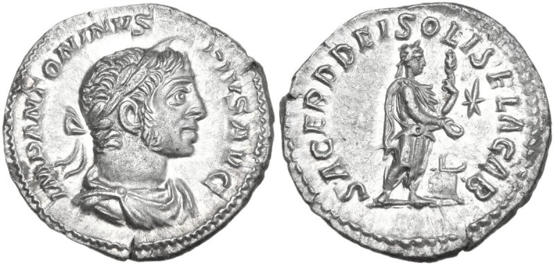 Elagabalus (218-222 AD). AR Denarius. Obv. IMP ANTONINVS PIVS AVG. Laureate and ...